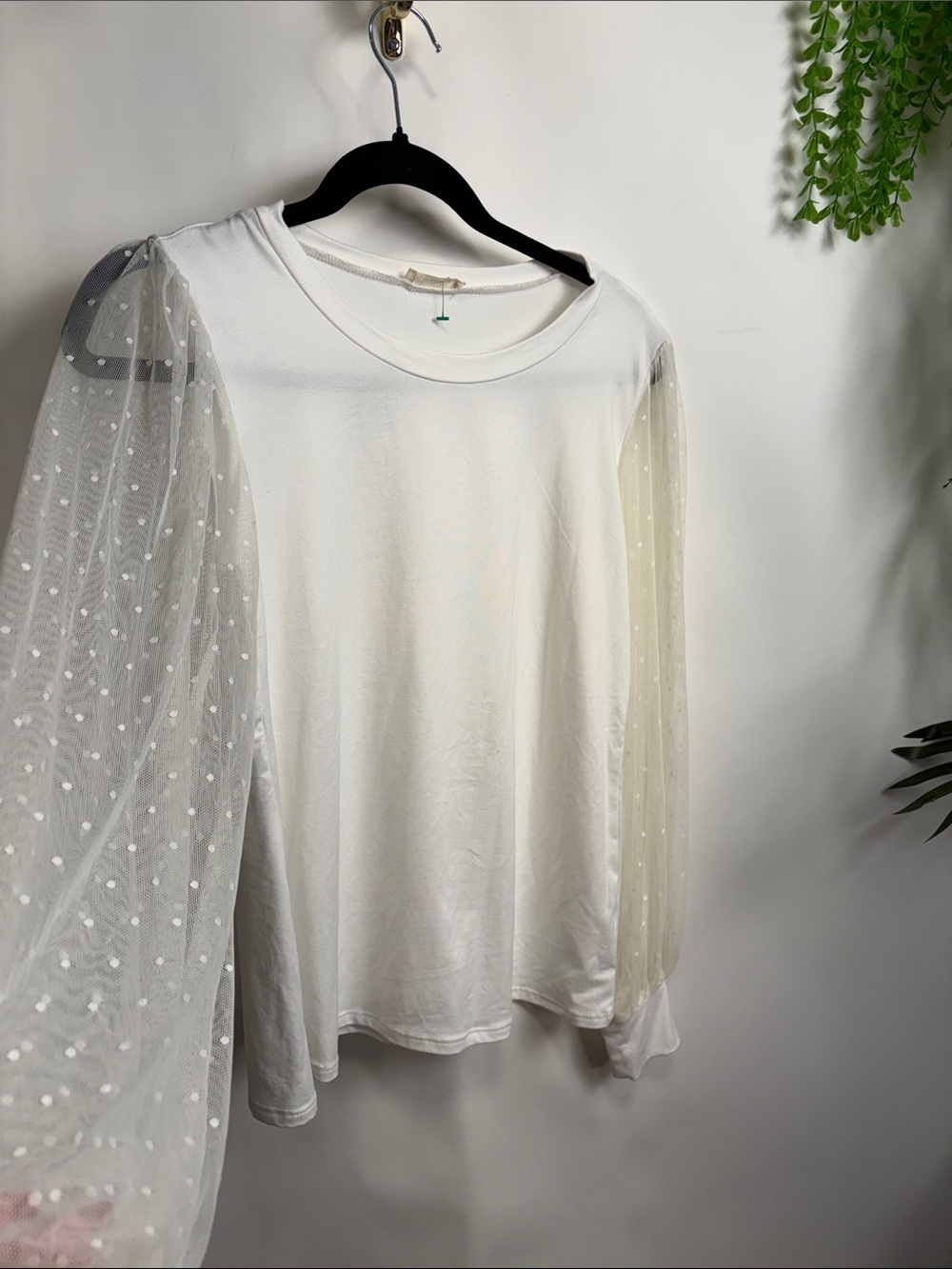 White Long Sleeve Tee with Sheer Polka Dot Sleeves